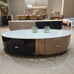 Two-Tone Oval Coffee Table with White Marble Top, High-Gloss Panels and Metal Base